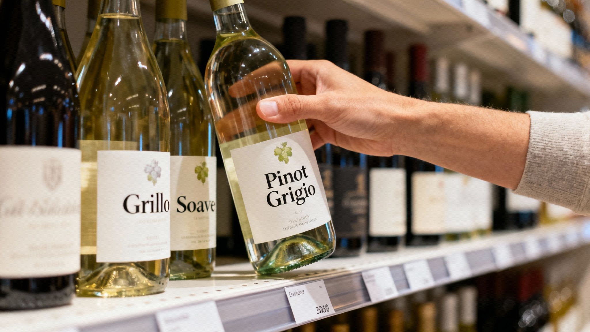 choosing Italian white wine in a store
