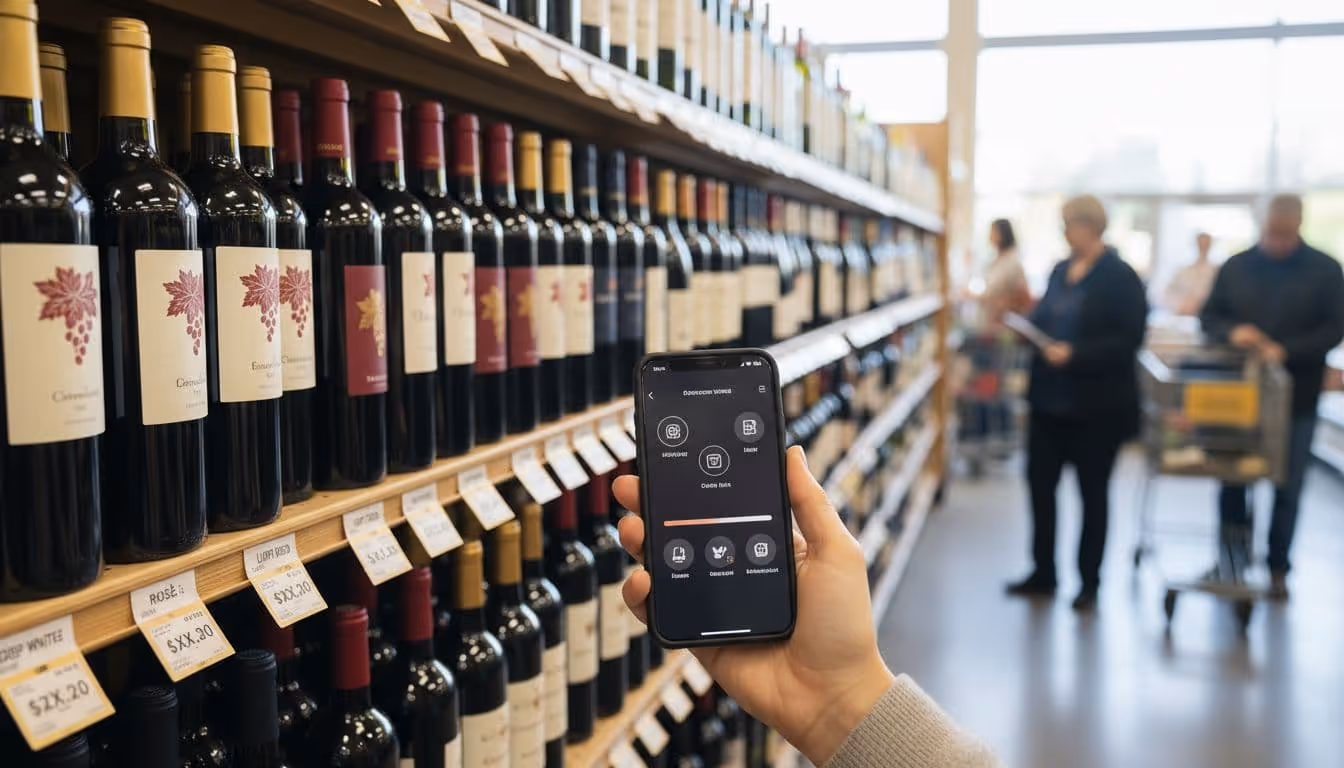 Grocery store aisle with budget wines and a phone app