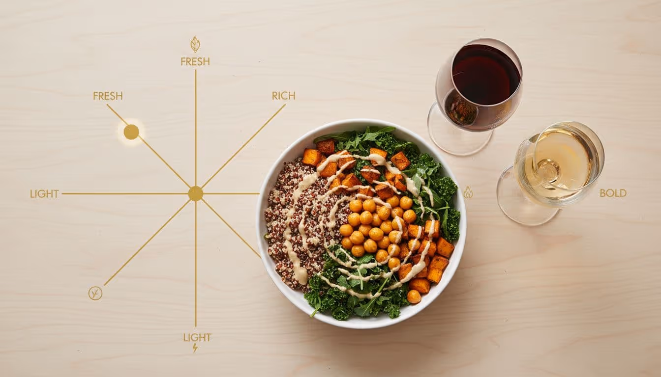 Overhead view of a wooden tabletop with a vibrant quinoa grain bowl, roasted sweet potatoes, chickpeas, greens, tahini drizzle, flanked by red and white wine glasses, overlaid with a taste map graphic in burgundy and gold.