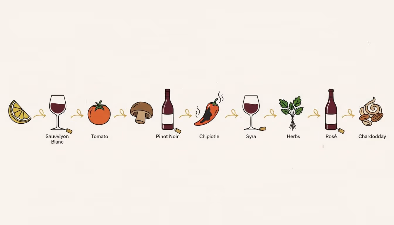 Modern editorial illustration of a horizontal strip layout cheat sheet pairing key plant-based bowl ingredients—citrus, tomato, mushrooms, chipotle pepper, herbs, nuts—with wine styles like Sauvignon Blanc, Grenache, and Pinot Noir using gold arrows.