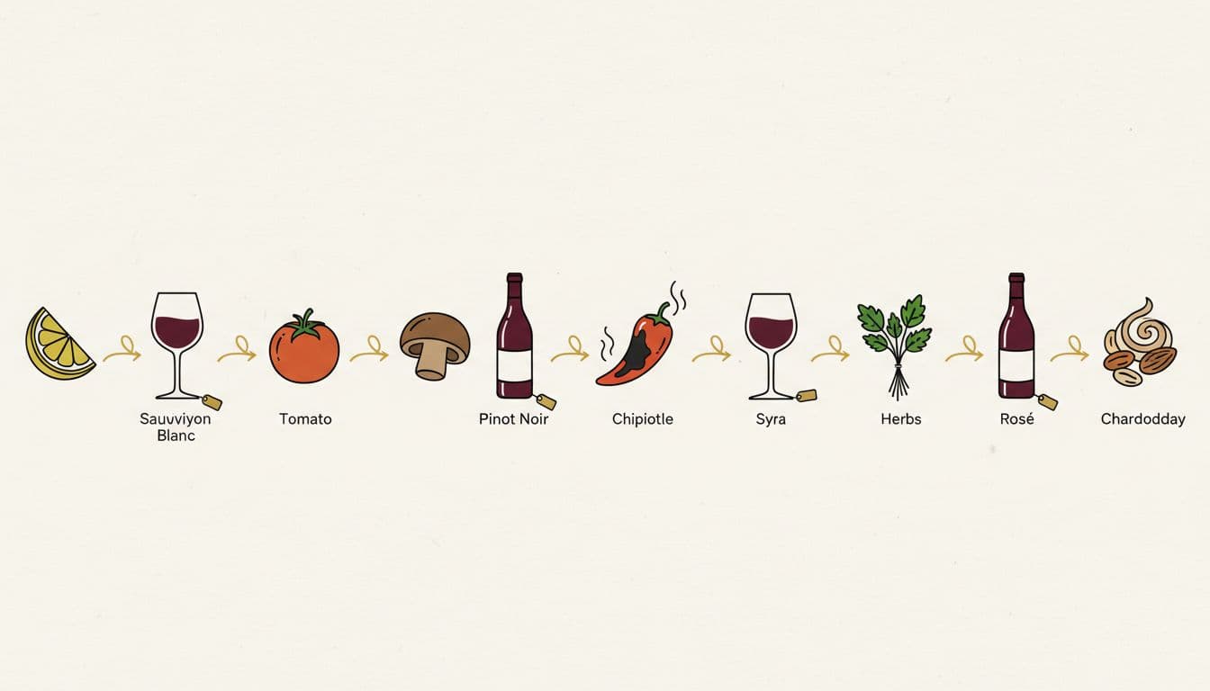 Modern editorial illustration of a horizontal strip layout cheat sheet pairing key plant-based bowl ingredients (citrus, tomato, mushrooms, chipotle pepper, herbs, nuts) with wine styles like Sauvignon Blanc, Grenache, and Pinot Noir using gold arrows.