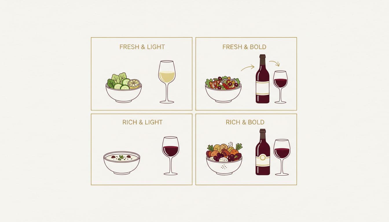 Clean 2x2 grid infographic depicting Sommy's taste map for wine pairing, with quadrants for Fresh & Light, Fresh & Bold, Rich & Light, and Rich & Bold, featuring customized plant-based bowl icons and matching wine elements in burgundy and gold.