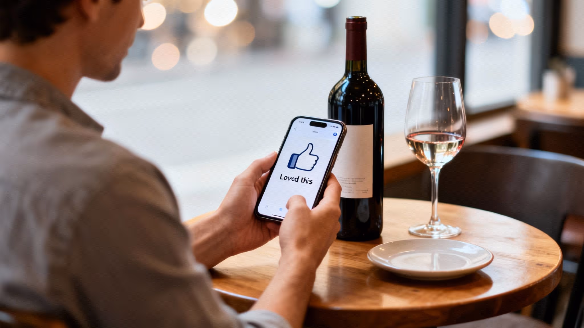 A person holds a smartphone showing 'Loved this' with a thumbs-up, next to wine bottle and glass.