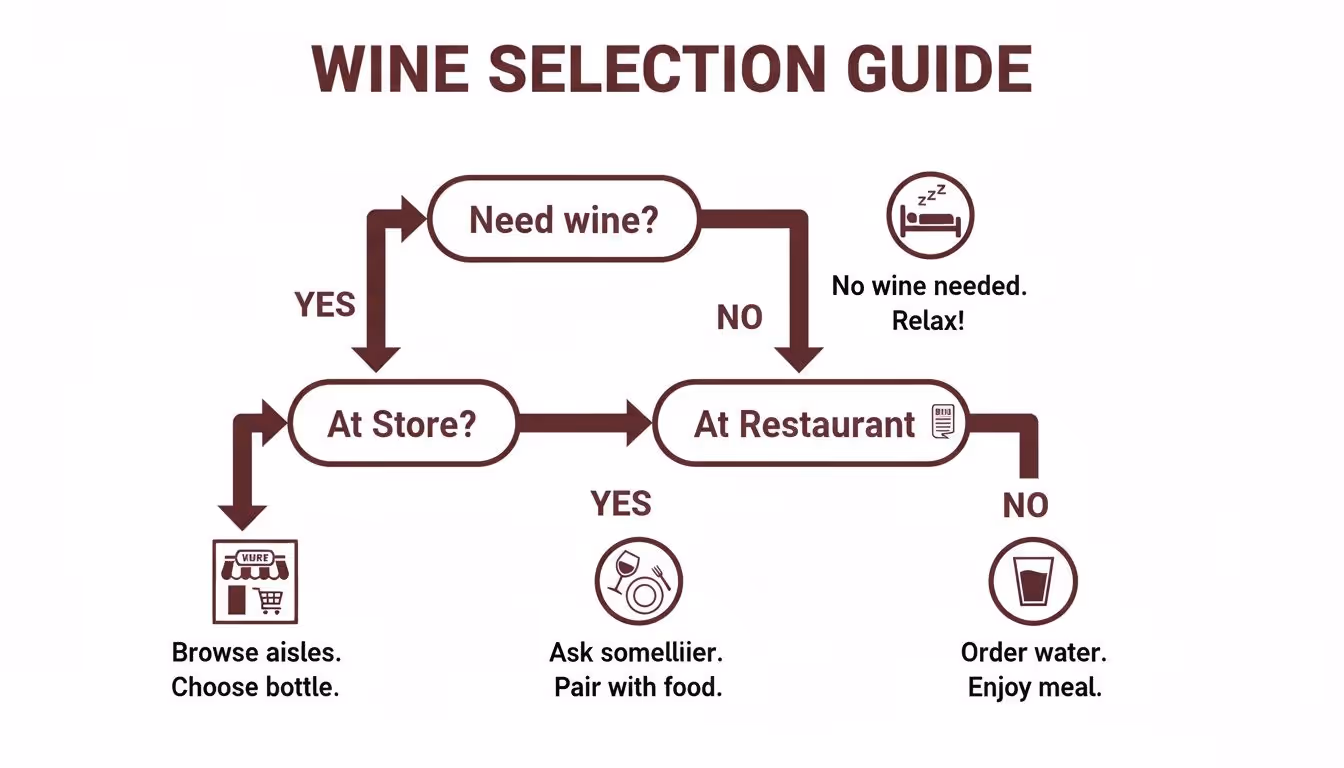 A flowchart titled 'Wine Selection Guide' helps users decide whether to buy wine at a store or restaurant, or relax.