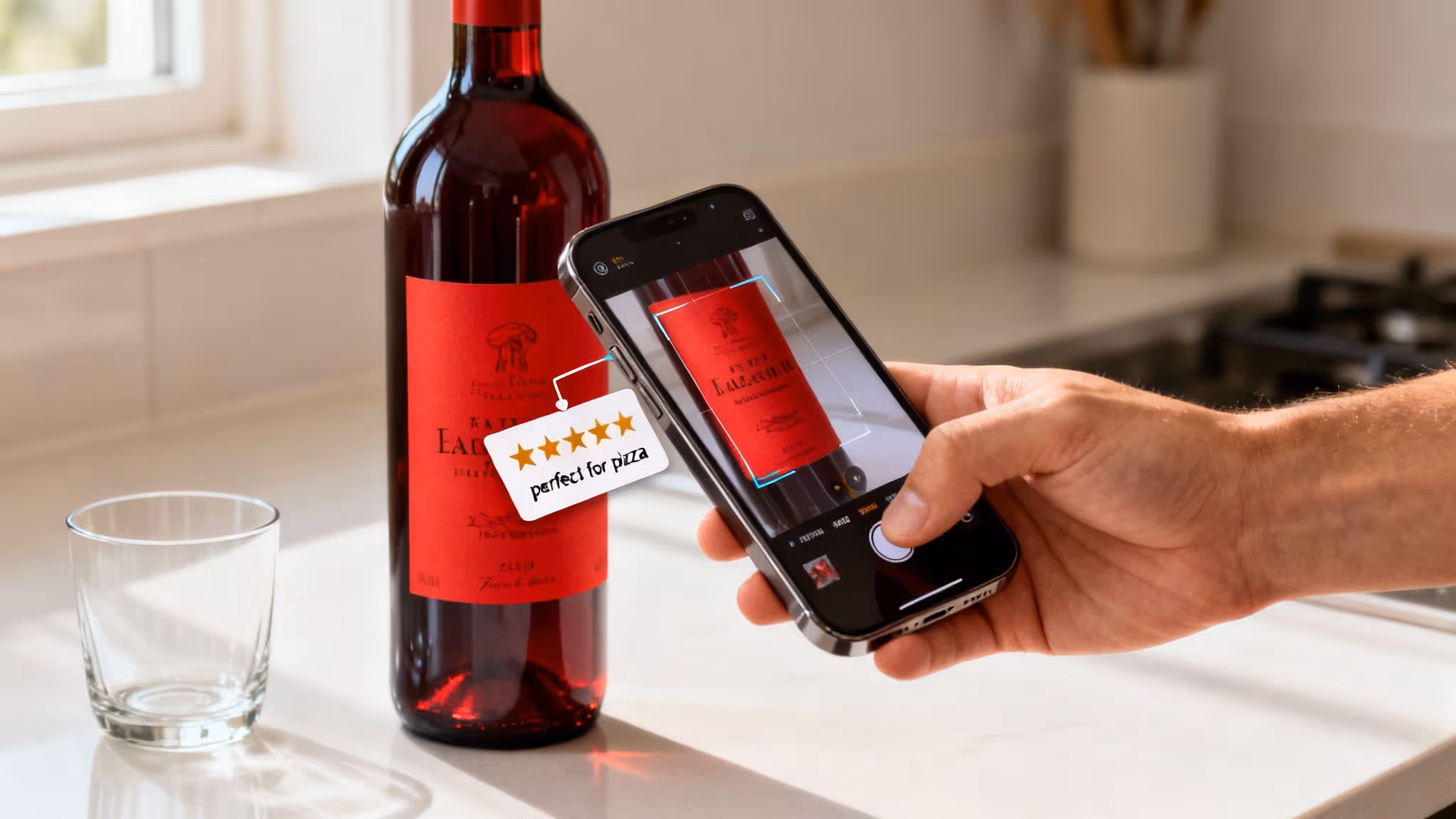 A hand holds a smartphone scanning a red wine bottle, displaying a "perfect for pizza" rating.