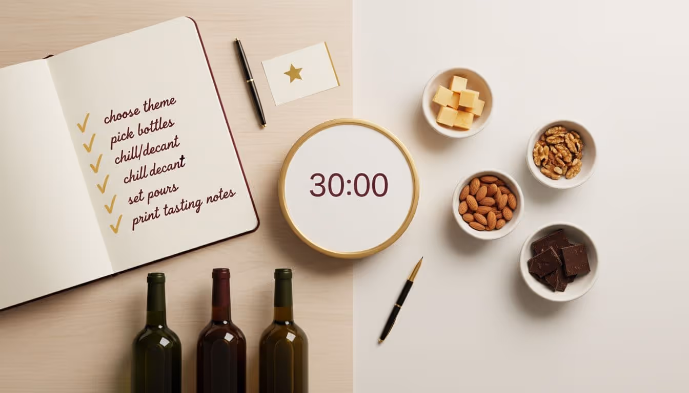 Modern flat-lay landscape image in editorial style with watercolor texture, featuring a central 30:00 timer, ticked notepad checklist for wine flight prep, unlabeled wine bottles, and snack bowls arranged neatly on off-white background.