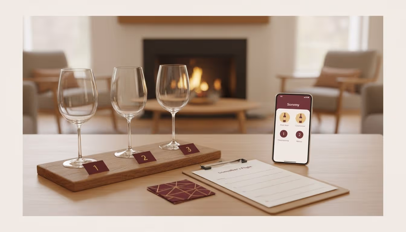 Modern editorial landscape of a cozy home table with elegant wine glasses on a wooden board, numbered tags, tasting clipboard, and smartphone displaying a wine app, in warm burgundy and gold tones.