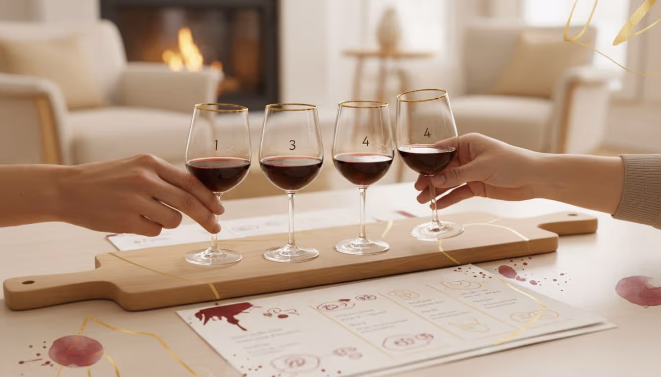 Diverse hands gently clinking numbered wine glasses with small tasting pours on a wooden board, accompanied by a tasting sheet, in a warm blurred home gathering space.