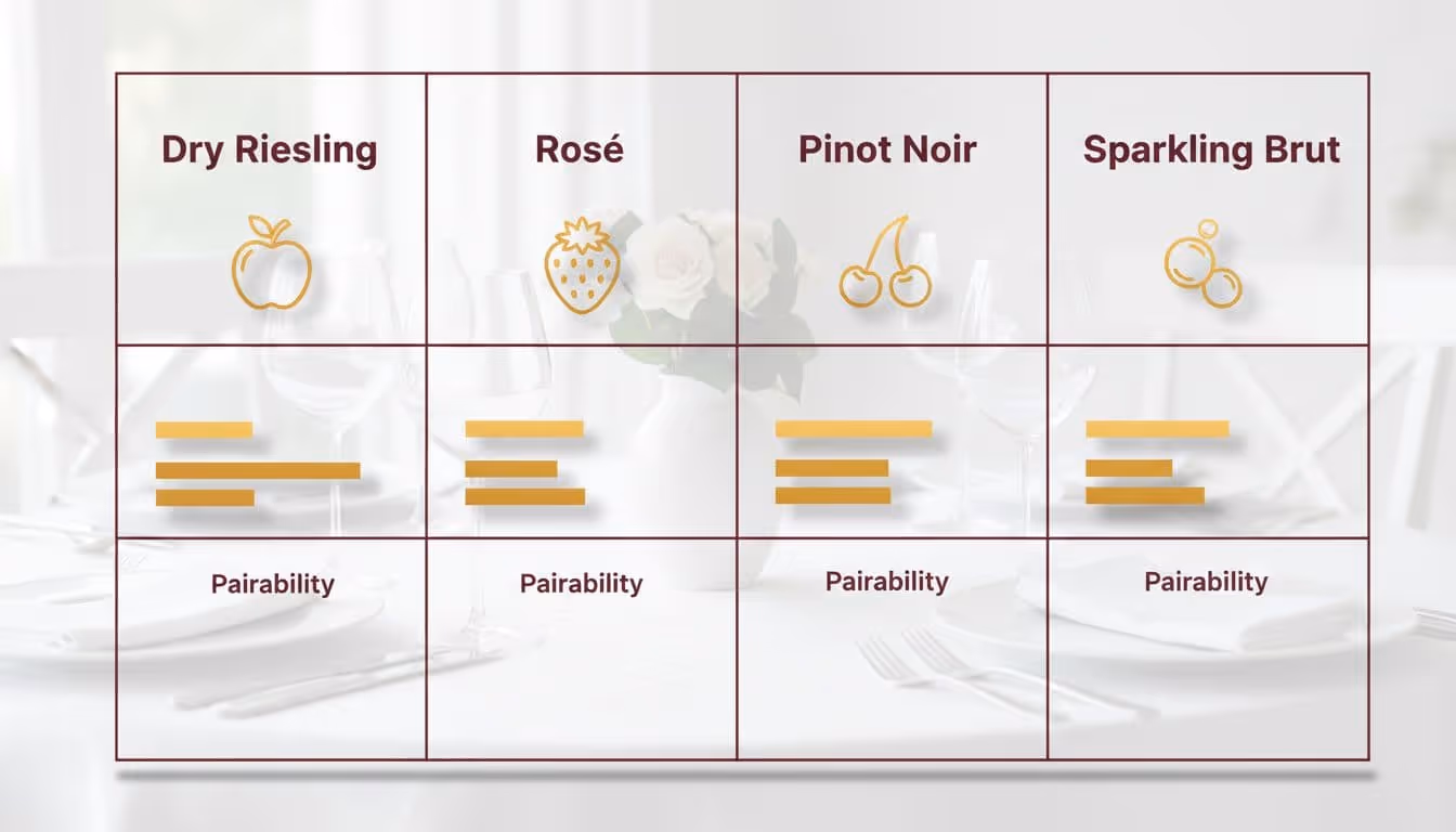 Modern, clean editorial-style grid comparing four wines—Dry Riesling, Rosé, Pinot Noir, Sparkling Brut—with flavor icons like apple, strawberry, cherry, bubbles, and pairability bars for multi-course meals.