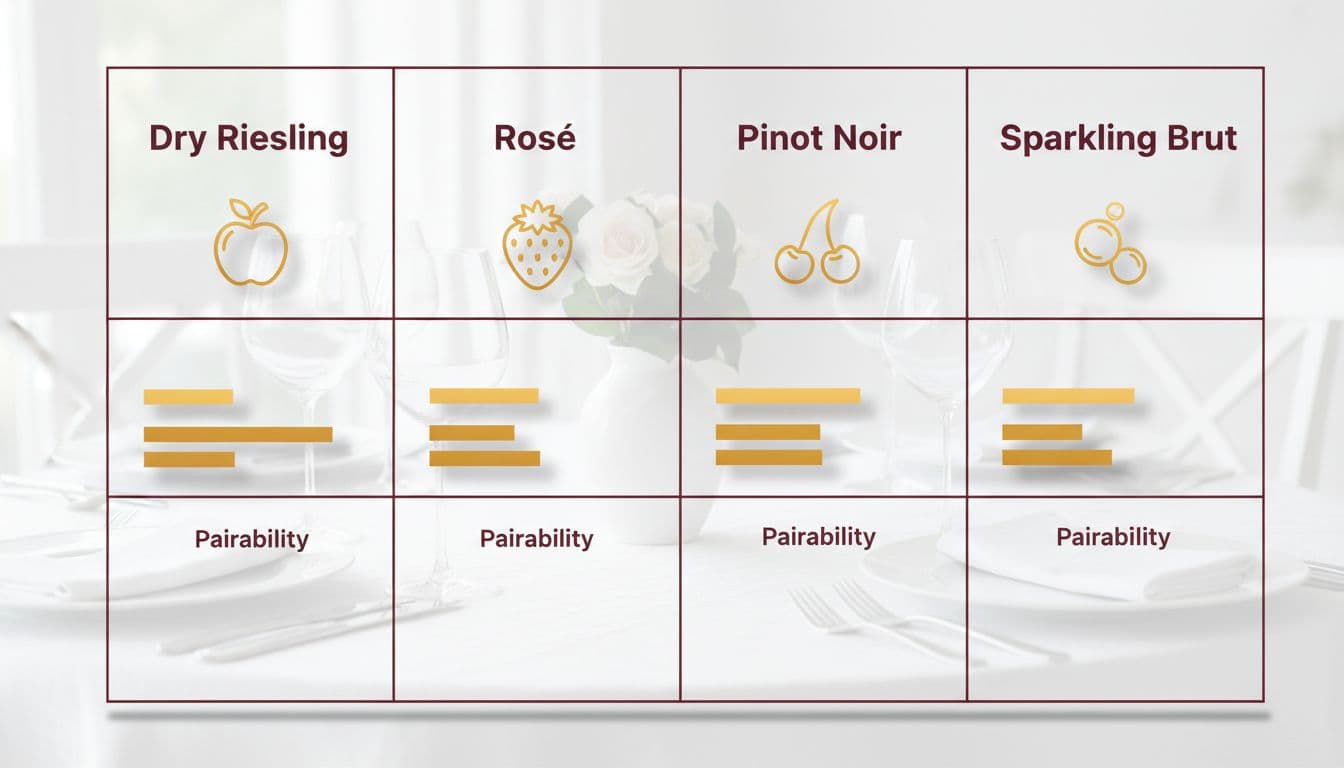 Modern, clean editorial-style grid comparing four wines (Dry Riesling, Rosé, Pinot Noir, Sparkling Brut) with flavor icons like apple, strawberry, cherry, bubbles, and pairability bars for multi-course meals.