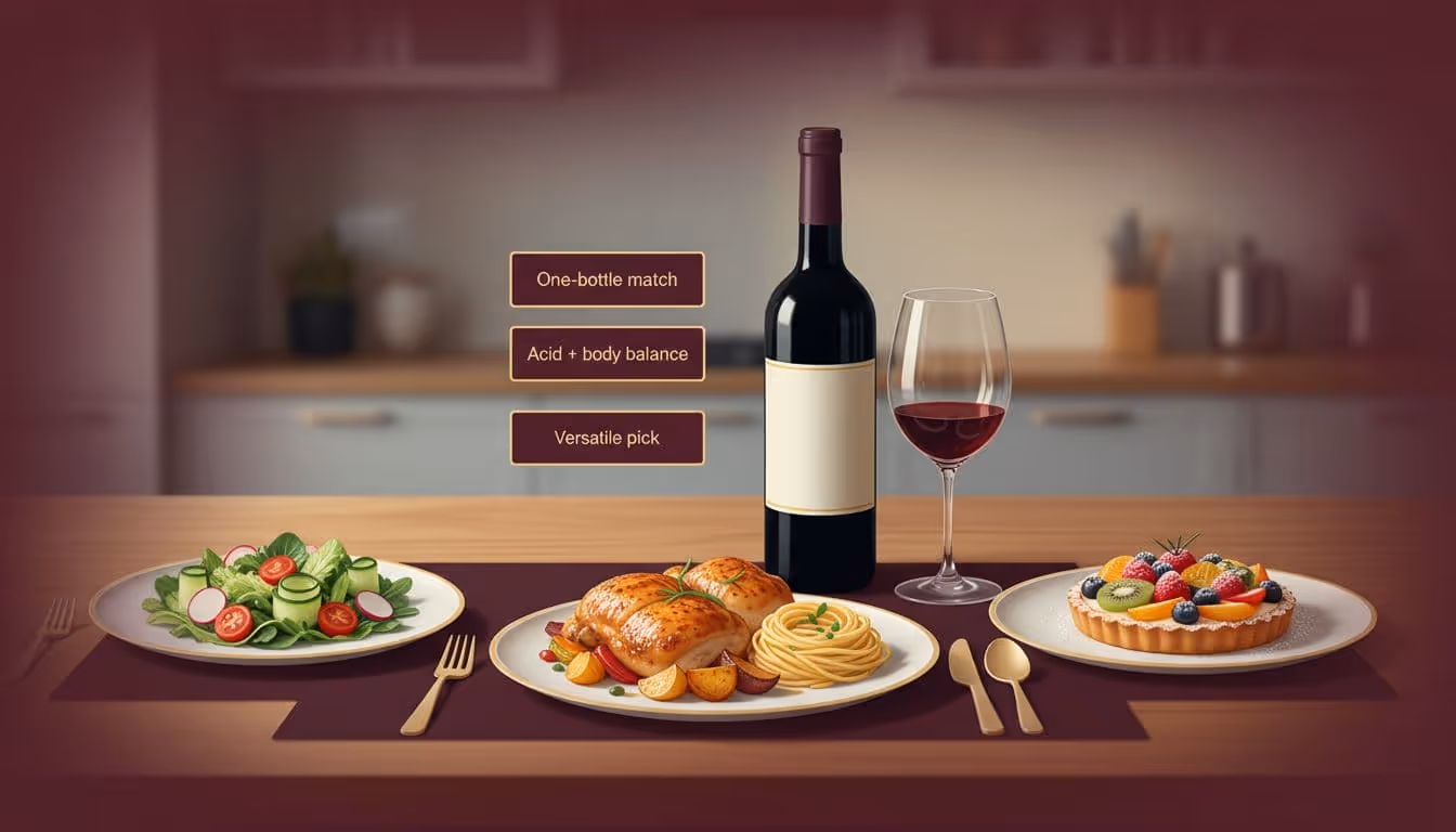 Editorial-style illustration of a cozy weeknight dinner table featuring a starter salad, simple main dish like roast chicken or pasta, light fruit tart dessert, and a wine bottle with glass, accented by Sommy wine recommendation overlays in burgundy and gold tones.