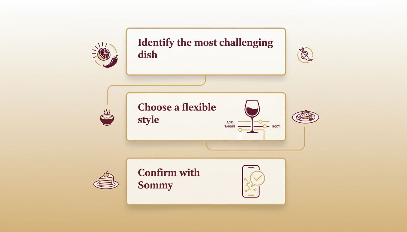 A modern, clean infographic illustrating three steps to pair wine with challenging dishes: identify the most difficult dish with spice or acid icons, choose a flexible wine style using sliders for acid, tannin, and body, and confirm with Sommy via phone. Features subtle dish icons for three courses, deep burgundy headings, warm gold accents, and a confident, practical mood in landscape orientation.