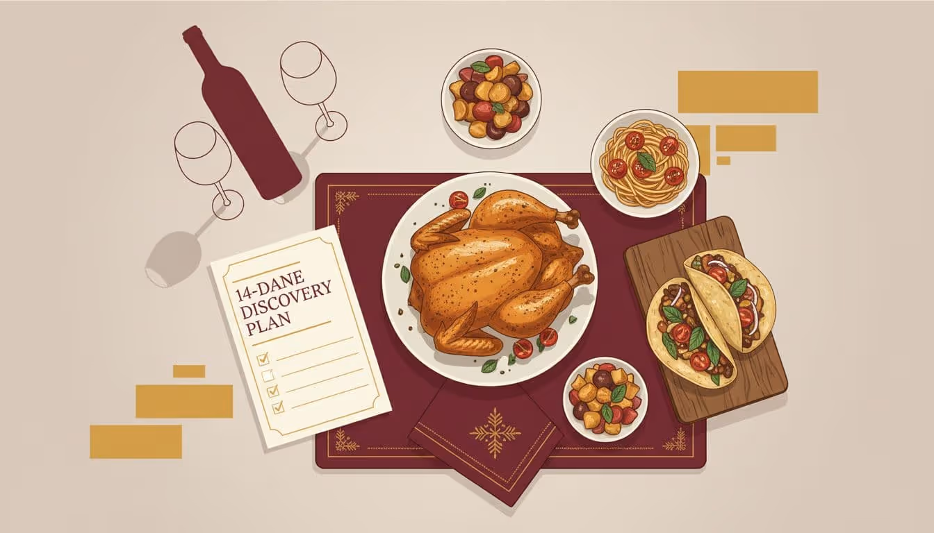 Top-down view of a simple weeknight dinner table with roast chicken, vegetables, pasta, tacos, wine bottle silhouette, glasses, and a '14-Day Wine Discovery Plan' checklist in burgundy and gold tones.