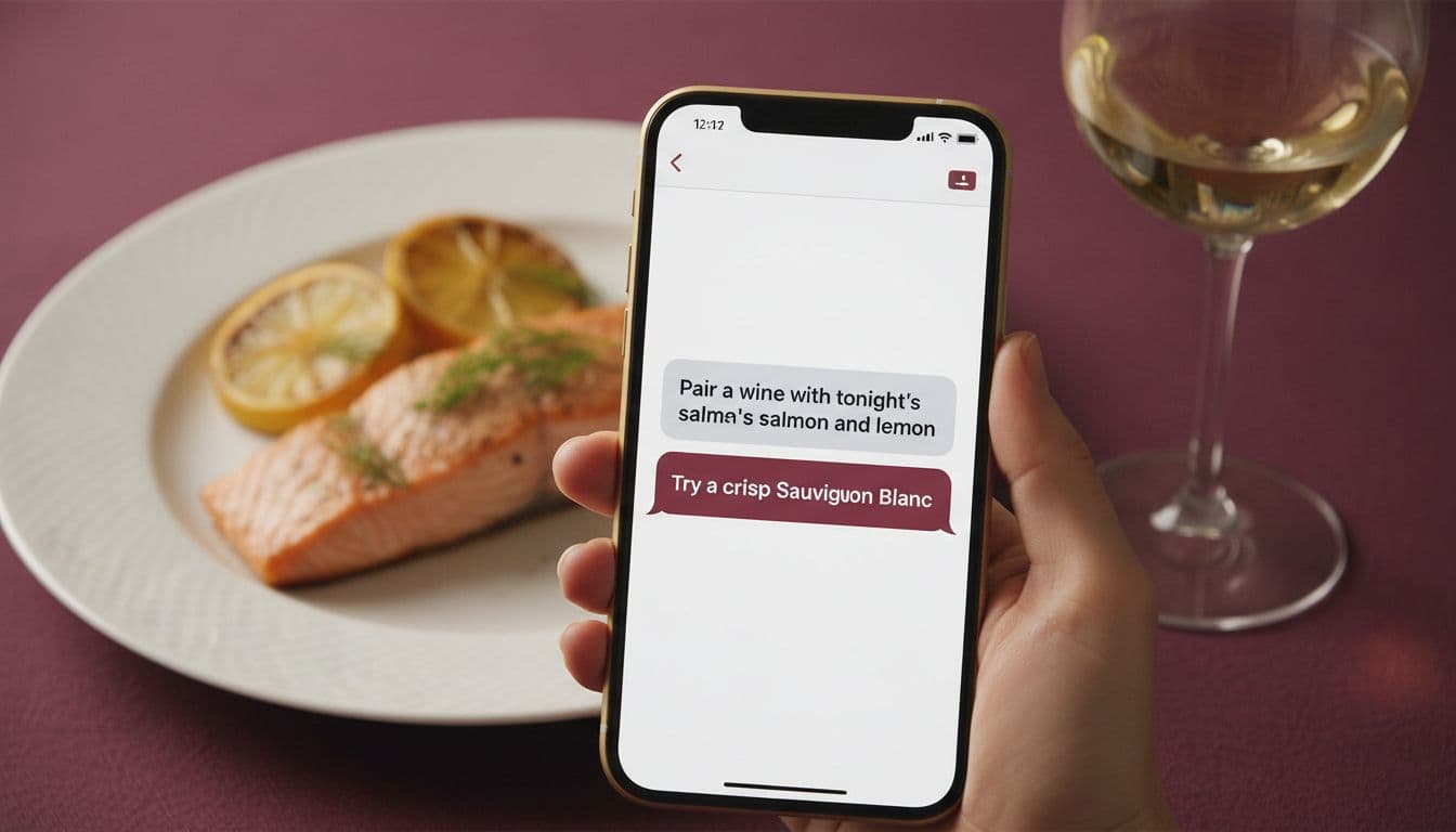 A hand holds a smartphone showing a chat interface recommending crisp Sauvignon Blanc for salmon and lemon dinner, with a background plate of salmon, lemon slices, and wine glass.