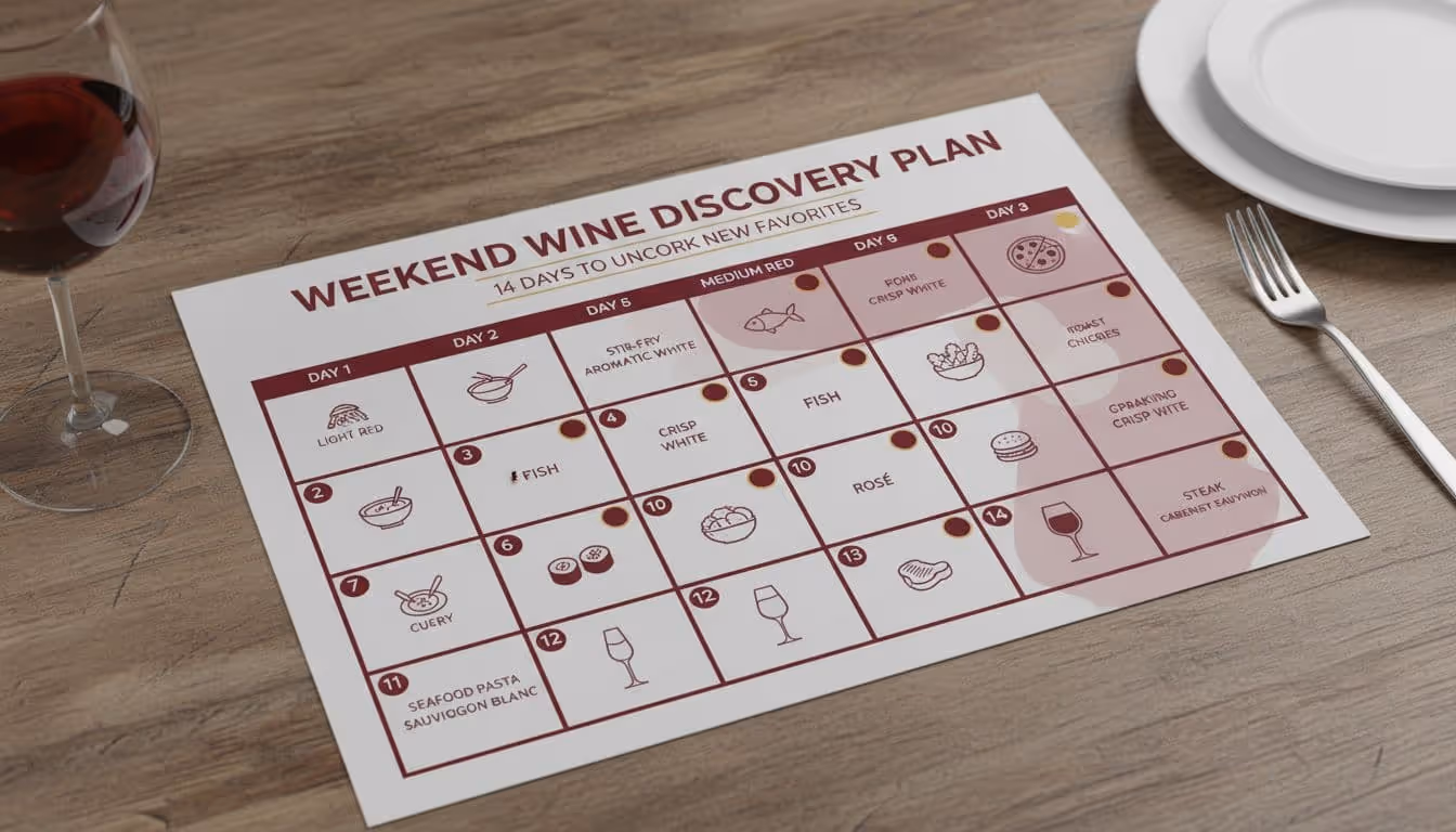 Photo-realistic flat-lay infographic showing a 14-day calendar grid pairing wines like sparkling white and light red with weeknight meals such as pasta, stir-fry, fish, pizza, salad, and curry, in burgundy and gold tones on a wooden table.