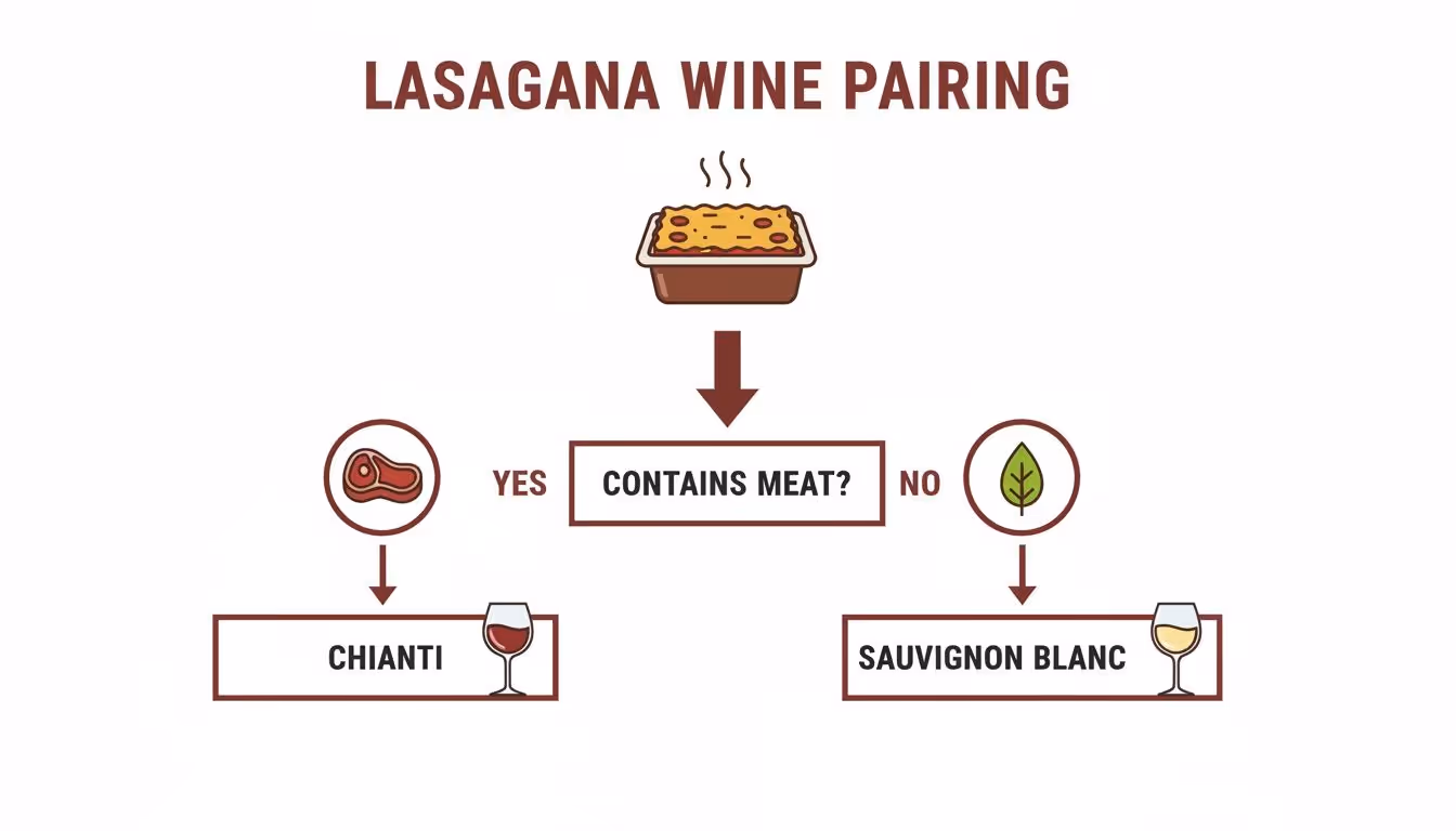 Flowchart showing lasagna wine pairing recommendations: Chianti for meat lasagna and Sauvignon Blanc for vegetarian.