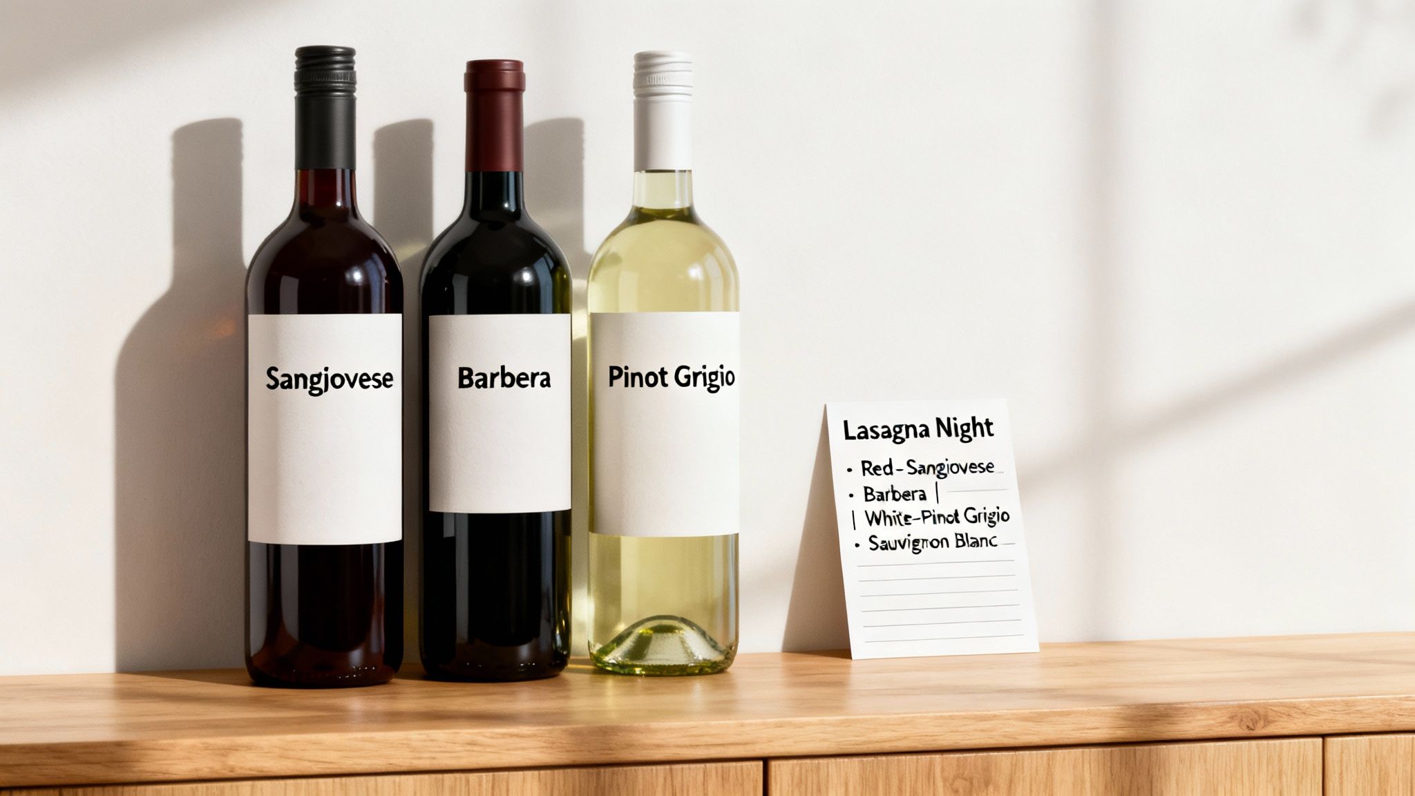 Three bottles of red and white wine next to a 'Lasagna Night' pairing guide.