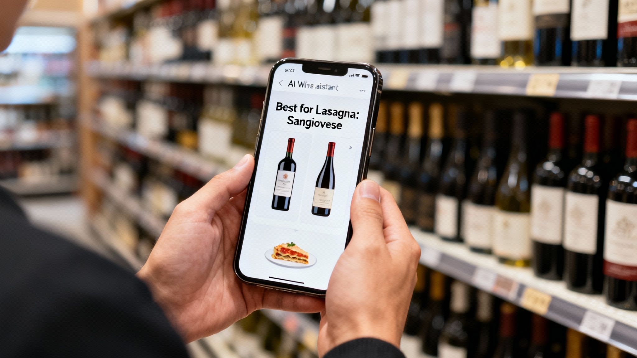 A person in a wine aisle holds a smartphone displaying an AI assistant recommending Sangiovese for lasagna.