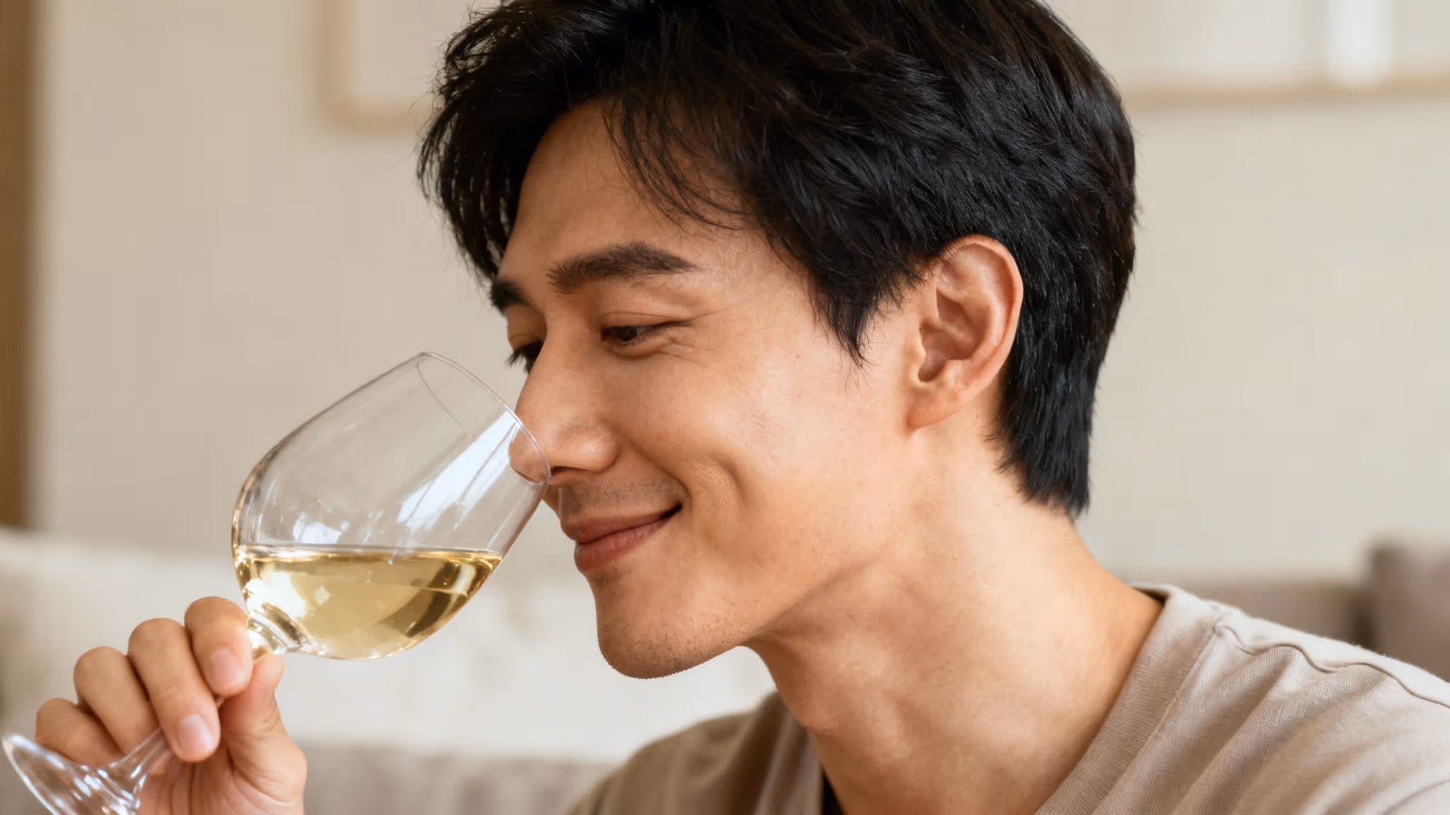Smiling man enjoying white wine, holding a glass and smelling its aroma.