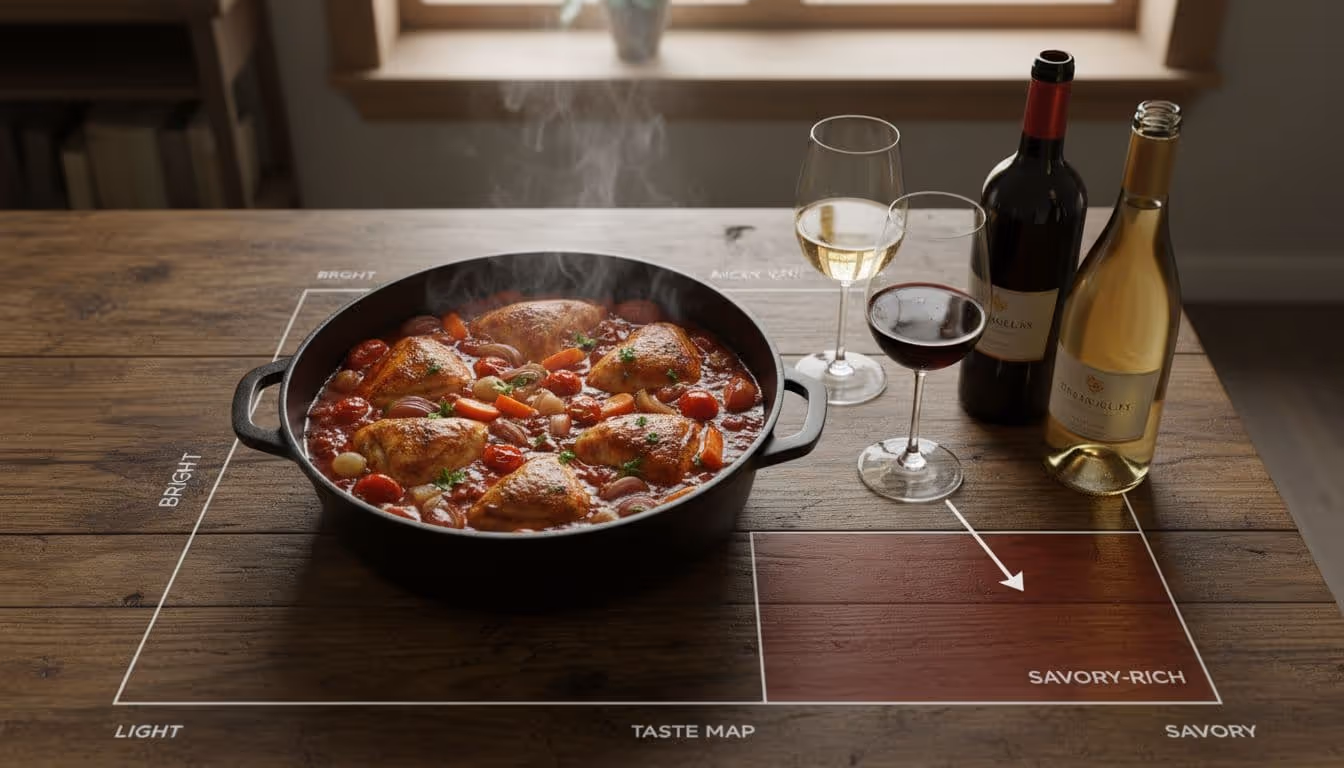 One-pot chicken stew with taste map wine pairing