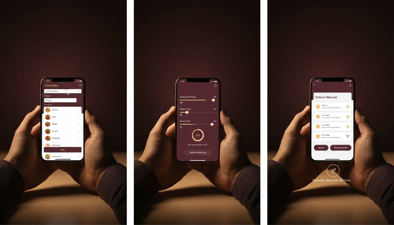 Photo-realistic horizontal sequence on a sleek desk illustrating a three-step process for building a potluck wine list using a smartphone AI app: entering dishes, adjusting budget and headcount, and exporting the list.