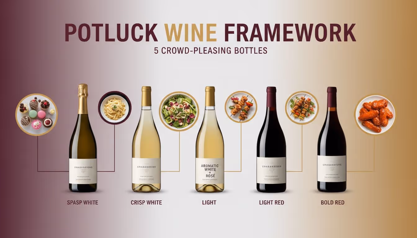 Photo-realistic infographic flat lay featuring five wine bottles—Sparkling, Crisp White, Aromatic White or Rosé, Light Red, Bold Red—paired with potluck foods like spicy wings and creamy pasta, using burgundy and gold accents for a clean, modern look.