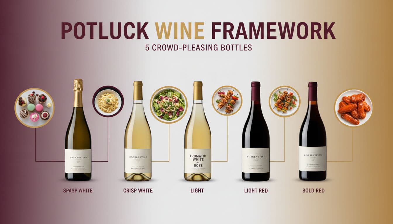 Photo-realistic infographic flat lay featuring five wine bottles (Sparkling, Crisp White, Aromatic White or Rosé, Light Red, Bold Red) paired with potluck foods like spicy wings and creamy pasta, using burgundy and gold accents for a clean, modern look.