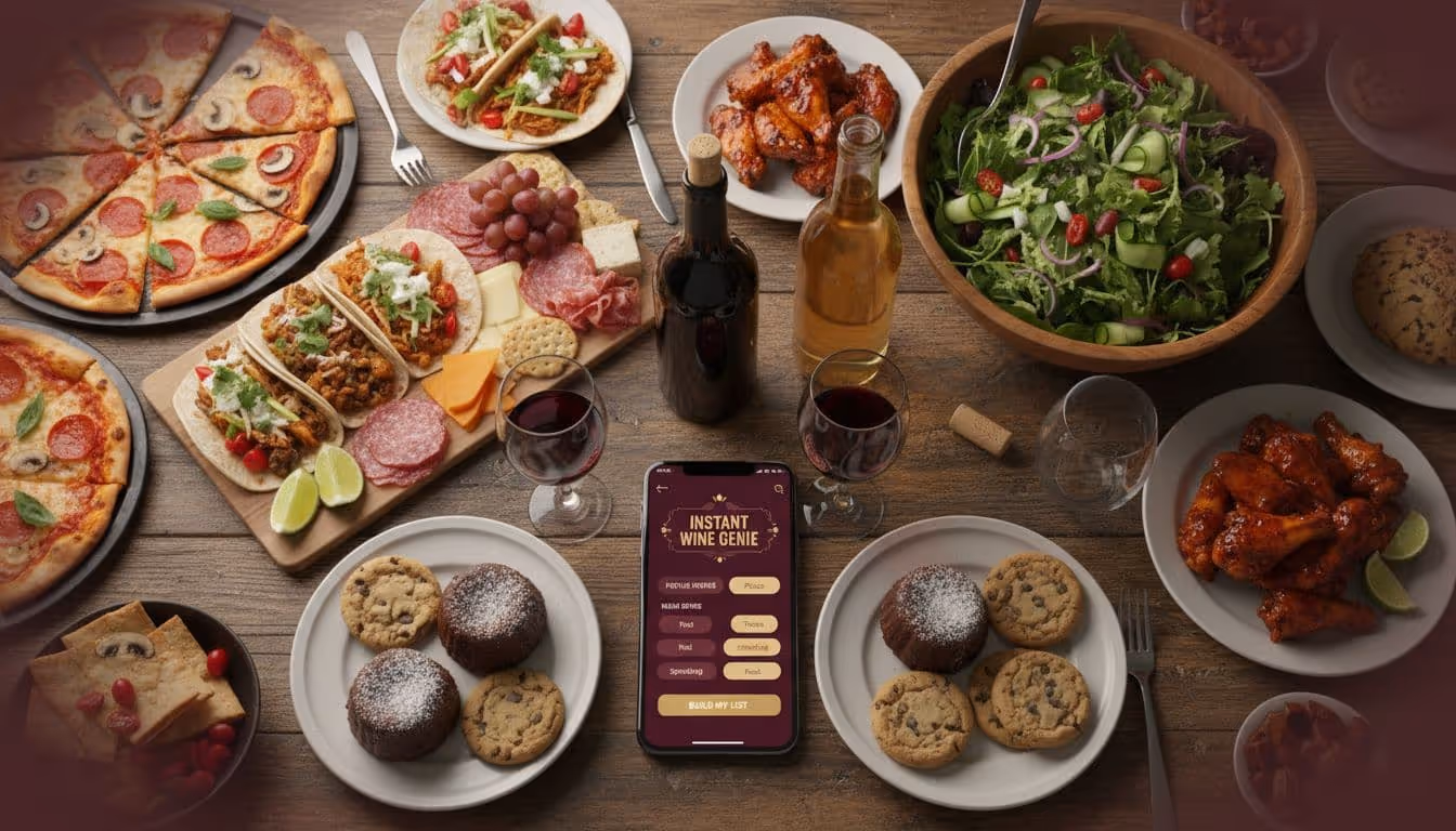 Photo-realistic top-down view of a vibrant potluck table featuring diverse dishes like pizza, tacos, charcuterie, salad, wings, and desserts, centered around wine bottles and a smartphone displaying a wine list builder app in burgundy and gold tones.