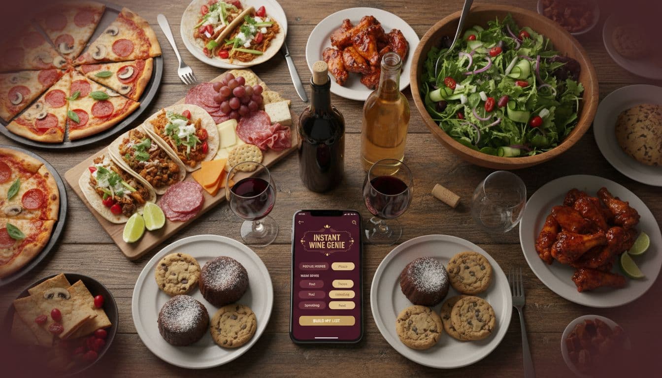 Photo-realistic top-down view of a vibrant potluck table featuring diverse dishes like pizza, tacos, charcuterie, salad, wings, and desserts, centered around wine bottles and a smartphone displaying a wine list builder app in burgundy and gold tones.