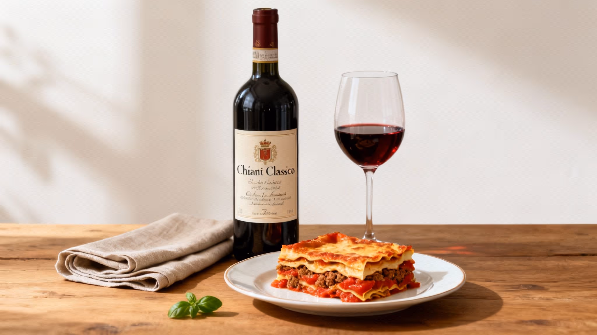 A delicious lasagna dish with red wine, a bottle of Chianti Classico, and a napkin on a wooden table.