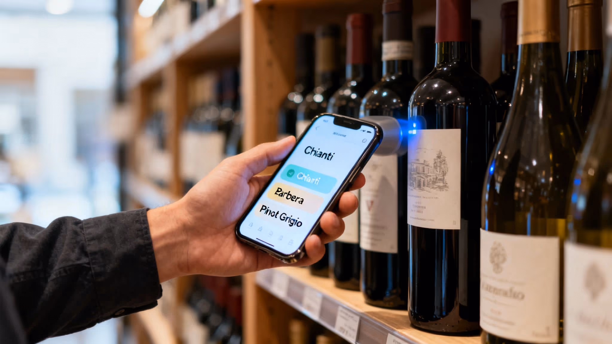 Person scanning a wine bottle with a smartphone app in a store, displaying various wine names.