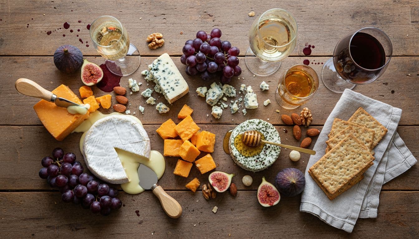Cheese board on rustic table with paired wines