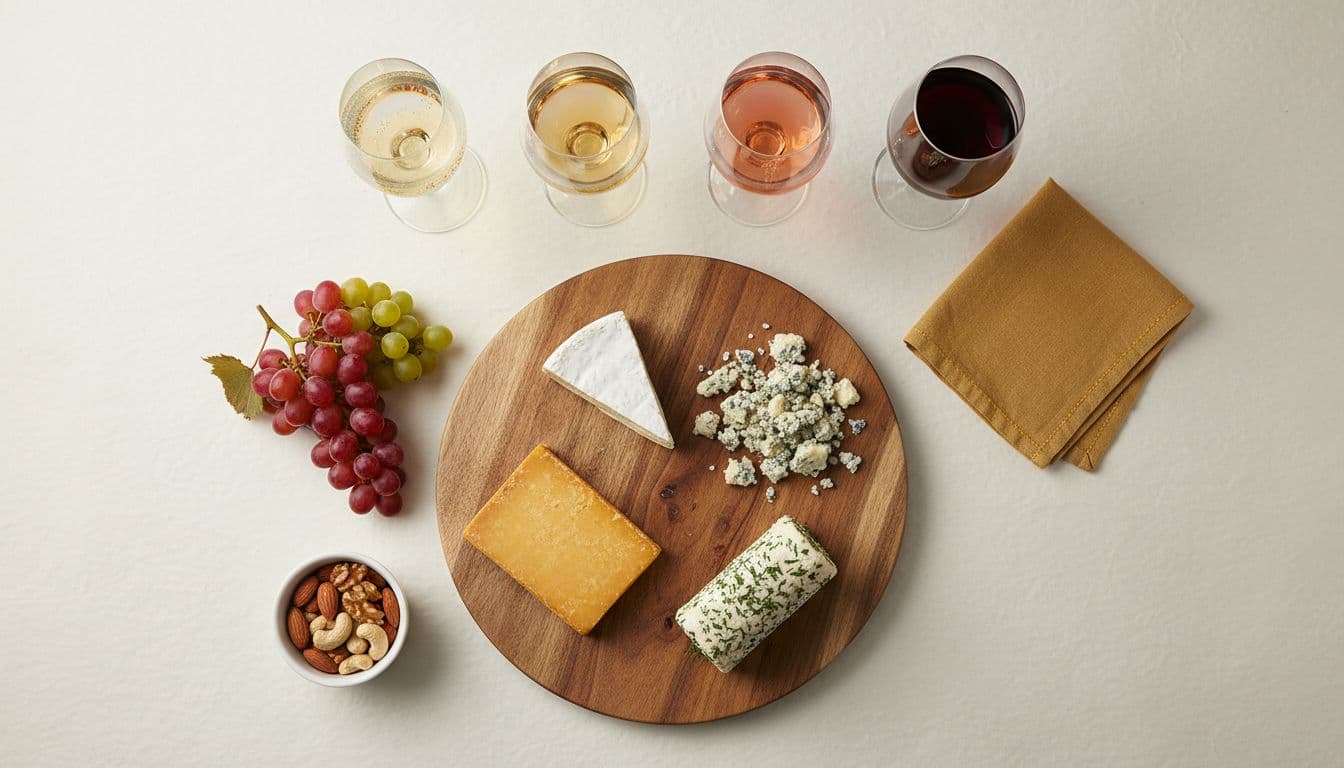 Cheese board with four cheeses and four wine glasses