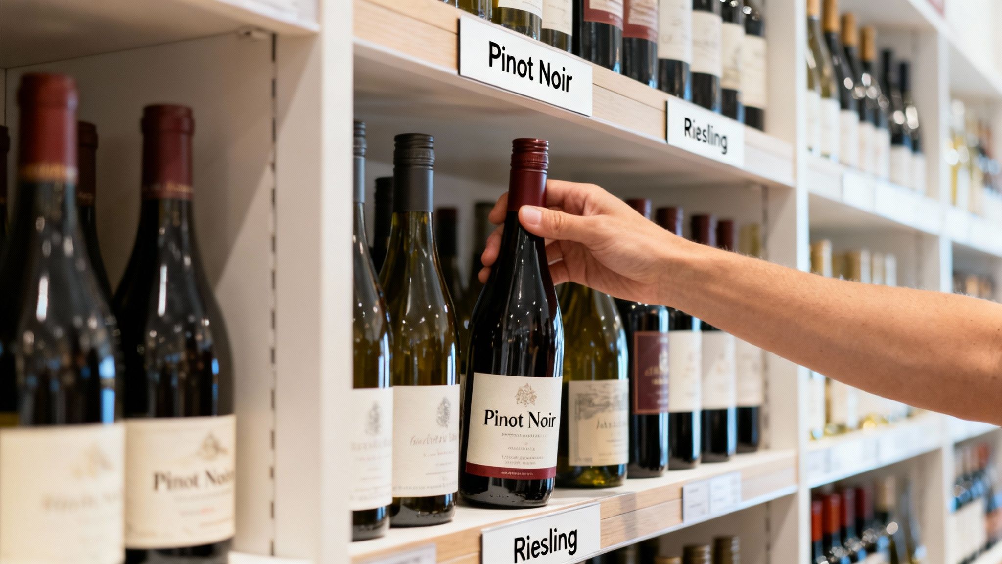 A person's hand selecting a bottle of Pinot Noir wine from a well-stocked shelf in a wine store.