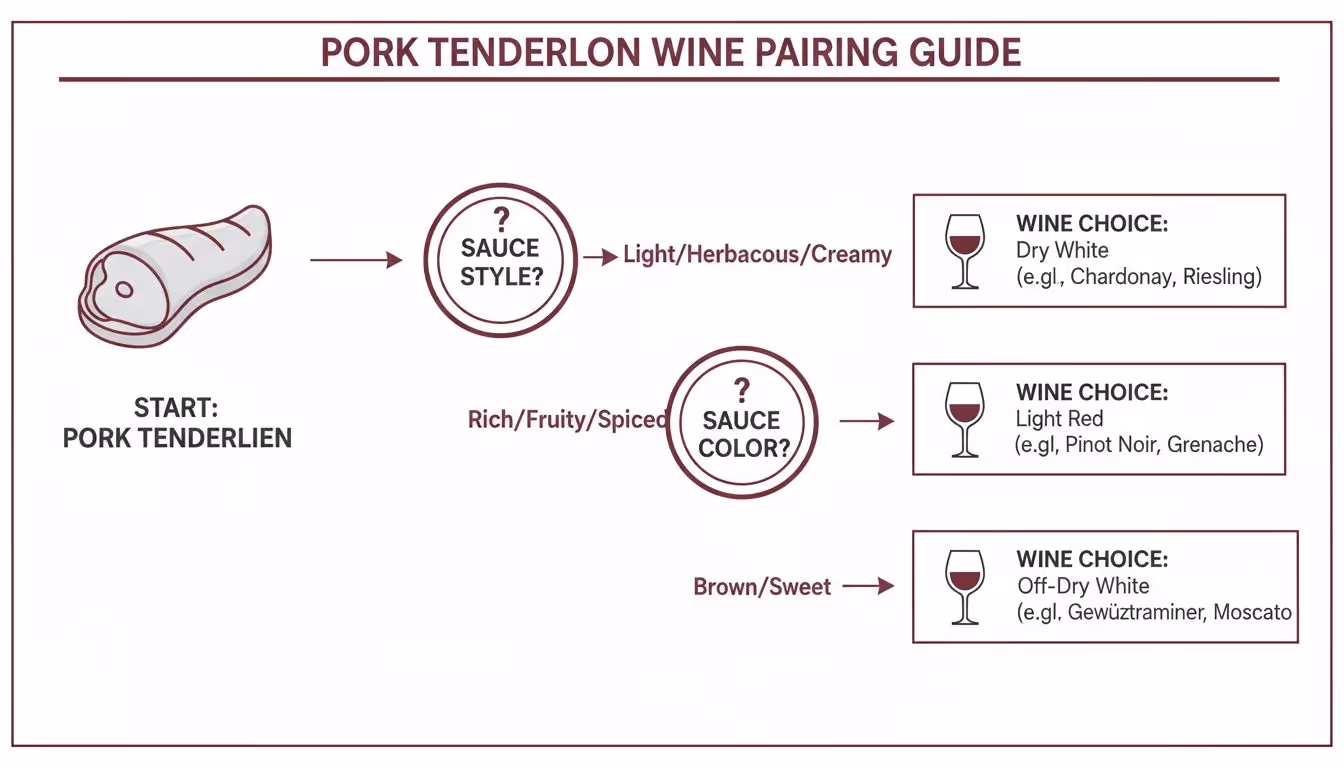 Flowchart guide for pairing wine with pork tenderloin based on sauce style and color.