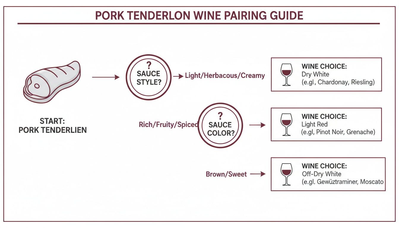 Flowchart guide for pairing wine with pork tenderloin based on sauce style and color.
