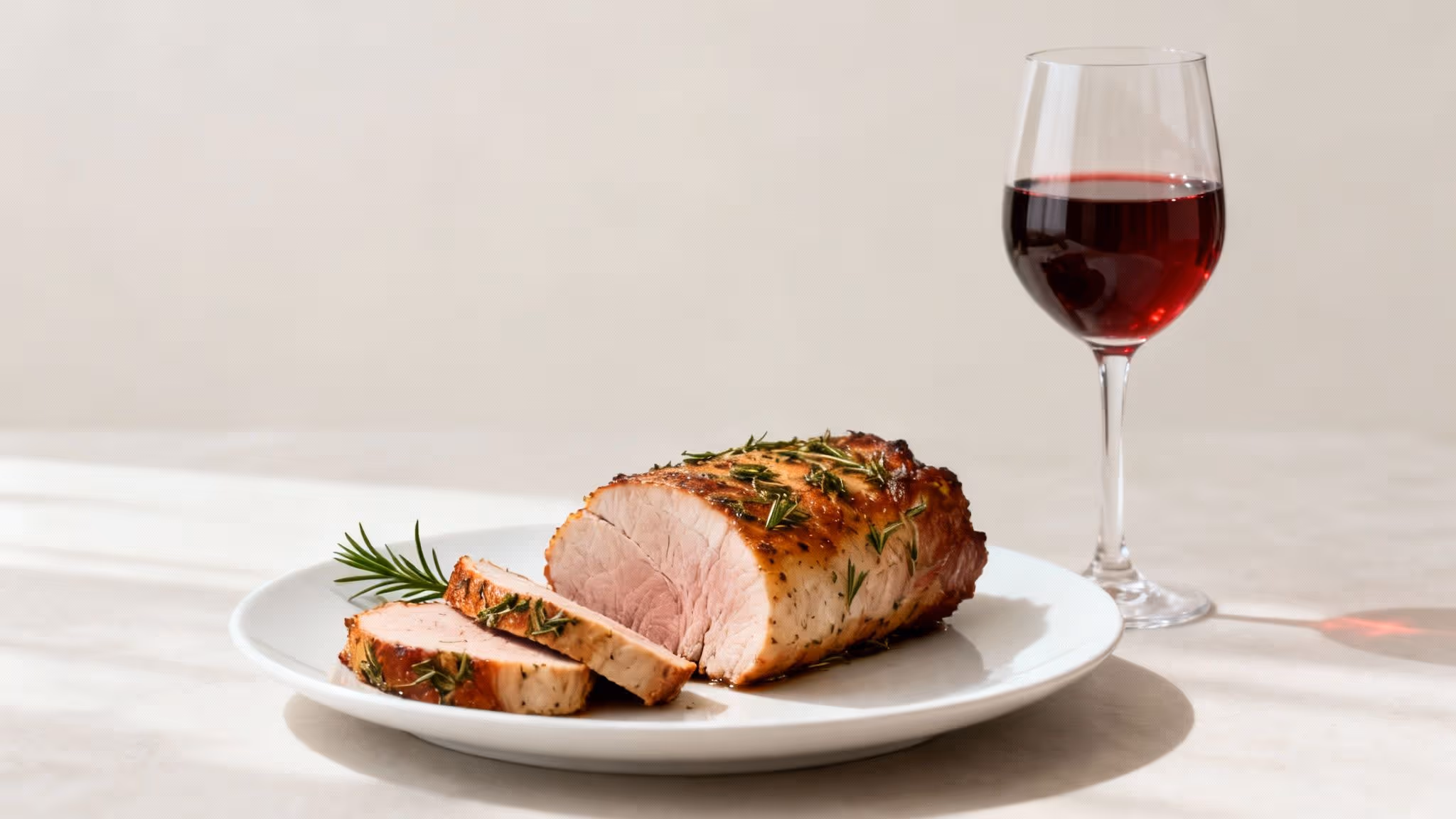 Slices of roasted pork tenderloin with rosemary on a white plate next to a glass of red wine.