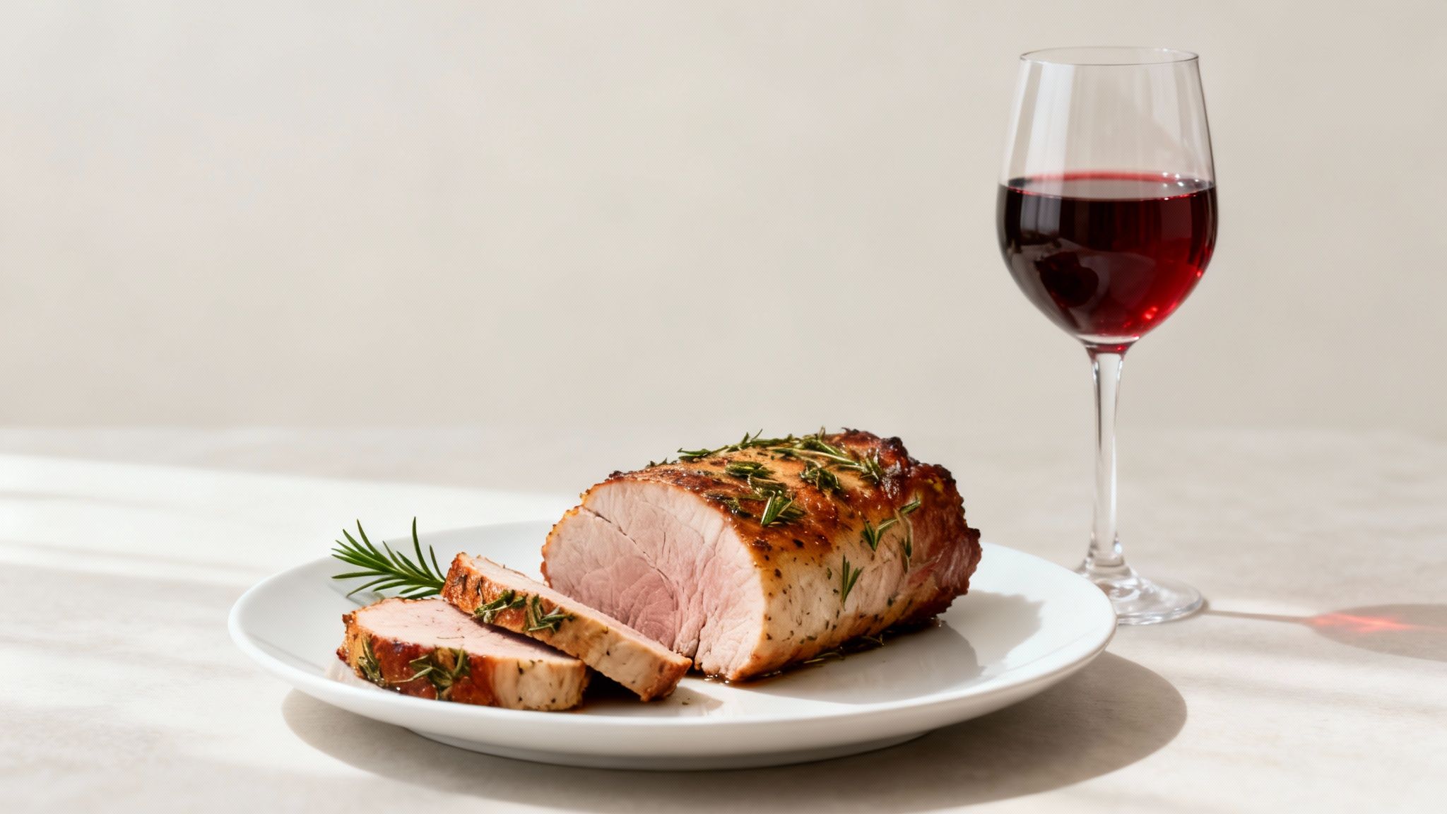 Slices of roasted pork tenderloin with rosemary on a white plate next to a glass of red wine.
