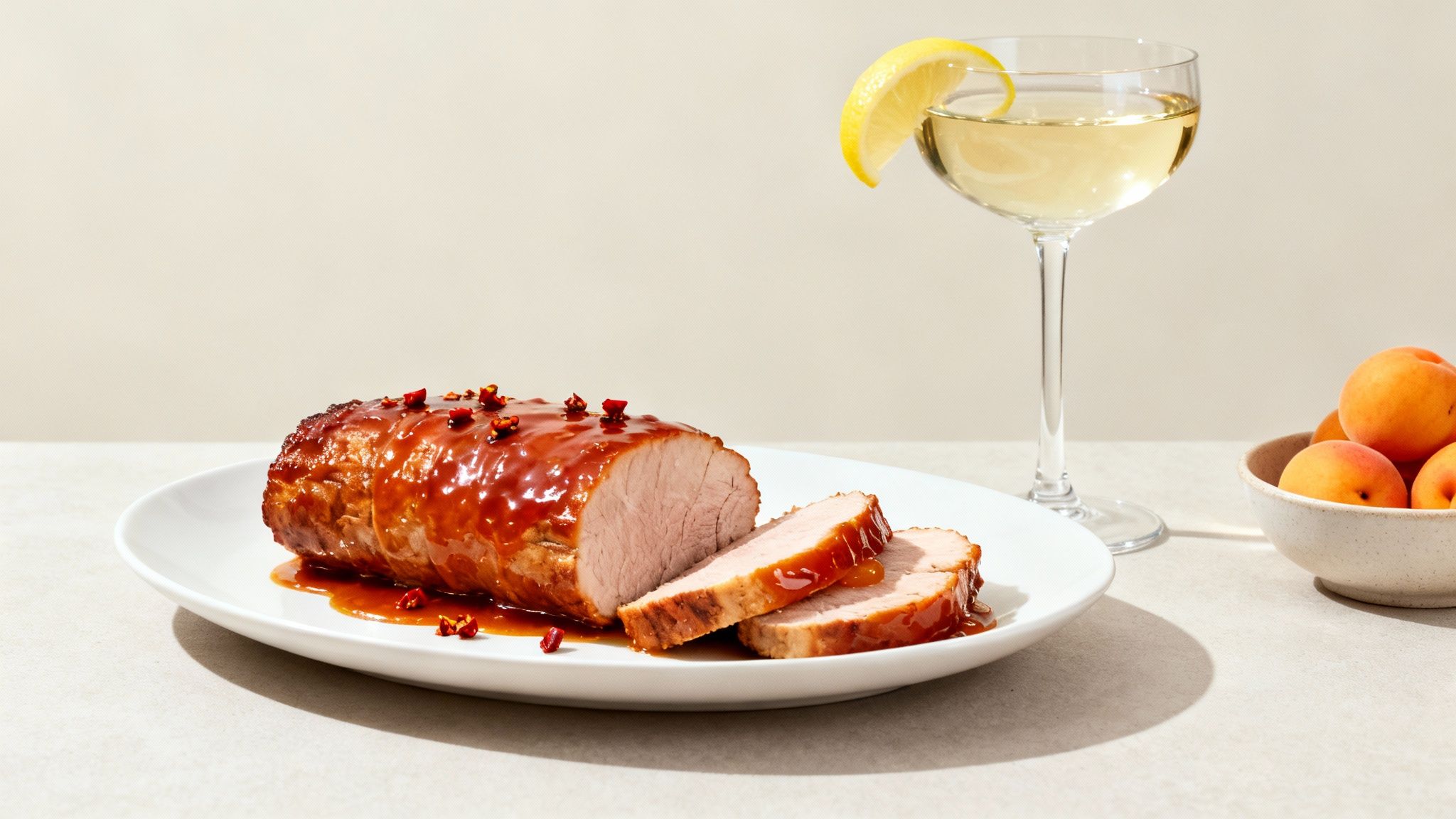 A glazed pork tenderloin, sliced on a white plate, served with a cocktail and apricots.