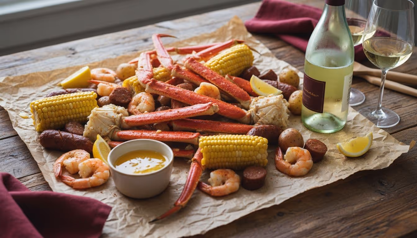 Photorealistic image of a rustic seafood boil spread on brown kraft paper over a wooden table, featuring red crab legs, pink shrimp, corn, potatoes, sausage, lemon wedges, Old Bay seasoning, melted butter, and white wine.
