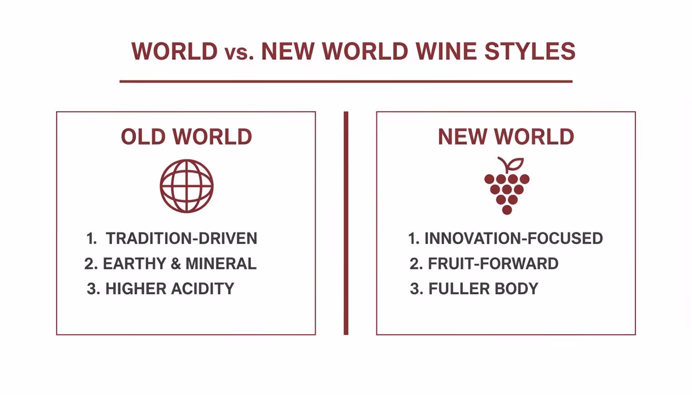 Infographic comparing Old World and New World wine styles, highlighting key differences in tradition, flavor, and body.