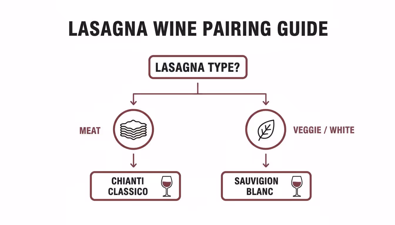 A flowchart illustrating wine pairings for lasagna: Chianti Classico for meat, Sauvignon Blanc for veggie or white.