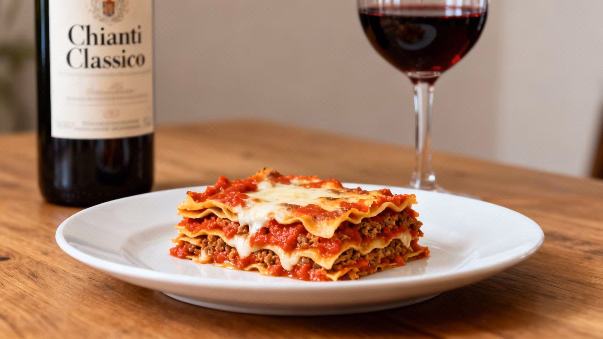 A plate of cheesy lasagna with rich red sauce, served alongside Chianti Classico wine.