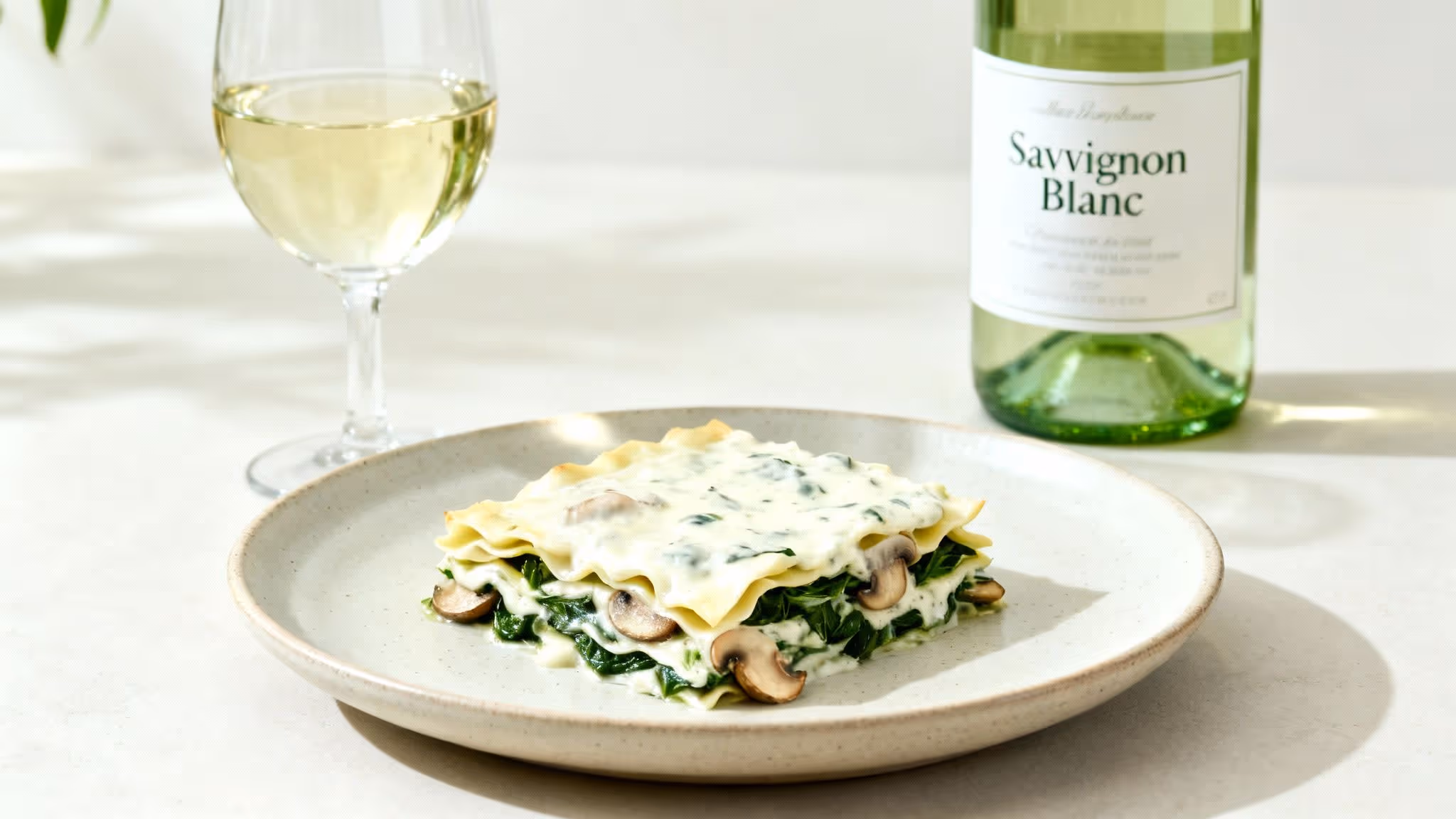 A creamy spinach and mushroom lasagna on a plate, served with white wine and a bottle.