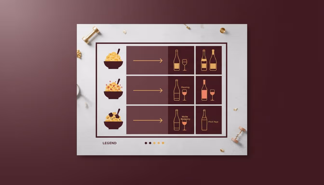 Clean infographic-style flat-lay showing wine pairings for classic, spicy, and truffle mac and cheese with sparkling wine, Chardonnay, Riesling, Rosé, White Burgundy, and Pinot Noir.