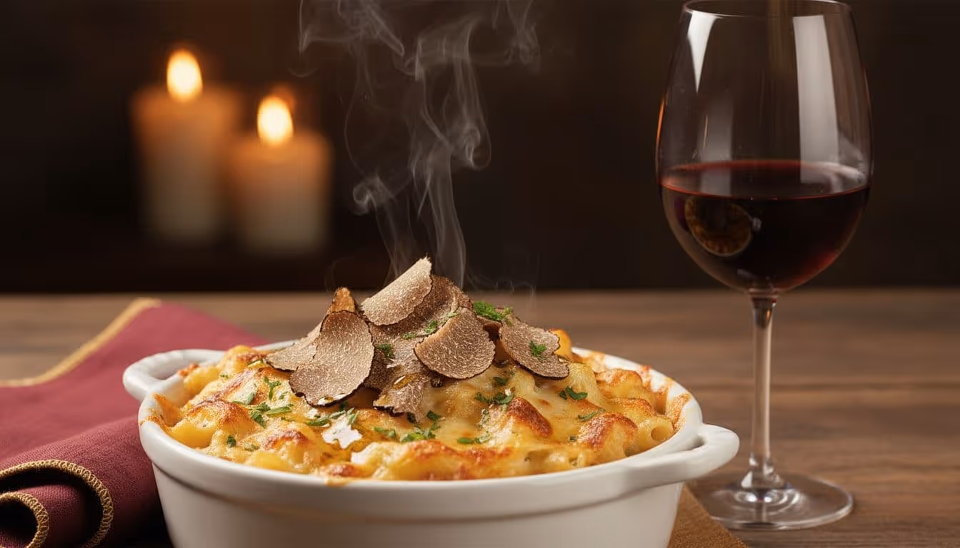 Photorealistic close-up of steaming truffle mac and cheese in a white ramekin, topped with shaved black truffles, parsley, and oil drizzle, paired with a glass of ruby red Pinot Noir on a wooden table with warm lighting.
