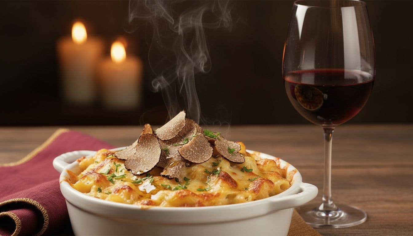 Photorealistic close-up of steaming truffle mac and cheese in a white ramekin, topped with shaved black truffles, parsley, and oil drizzle, paired with a glass of ruby red Pinot Noir on a wooden table with warm lighting.
