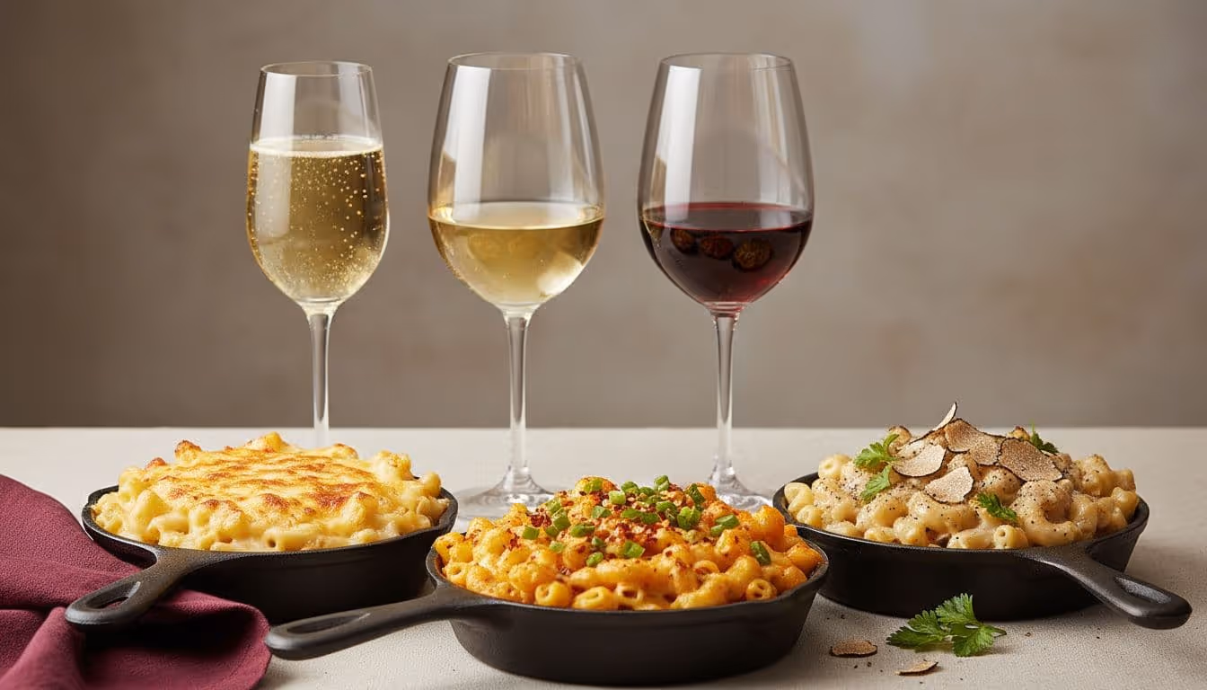 Photorealistic editorial food photography of three mac and cheese skillets—classic, spicy, and truffle—paired with sparkling, white, and red wines on a cozy table.