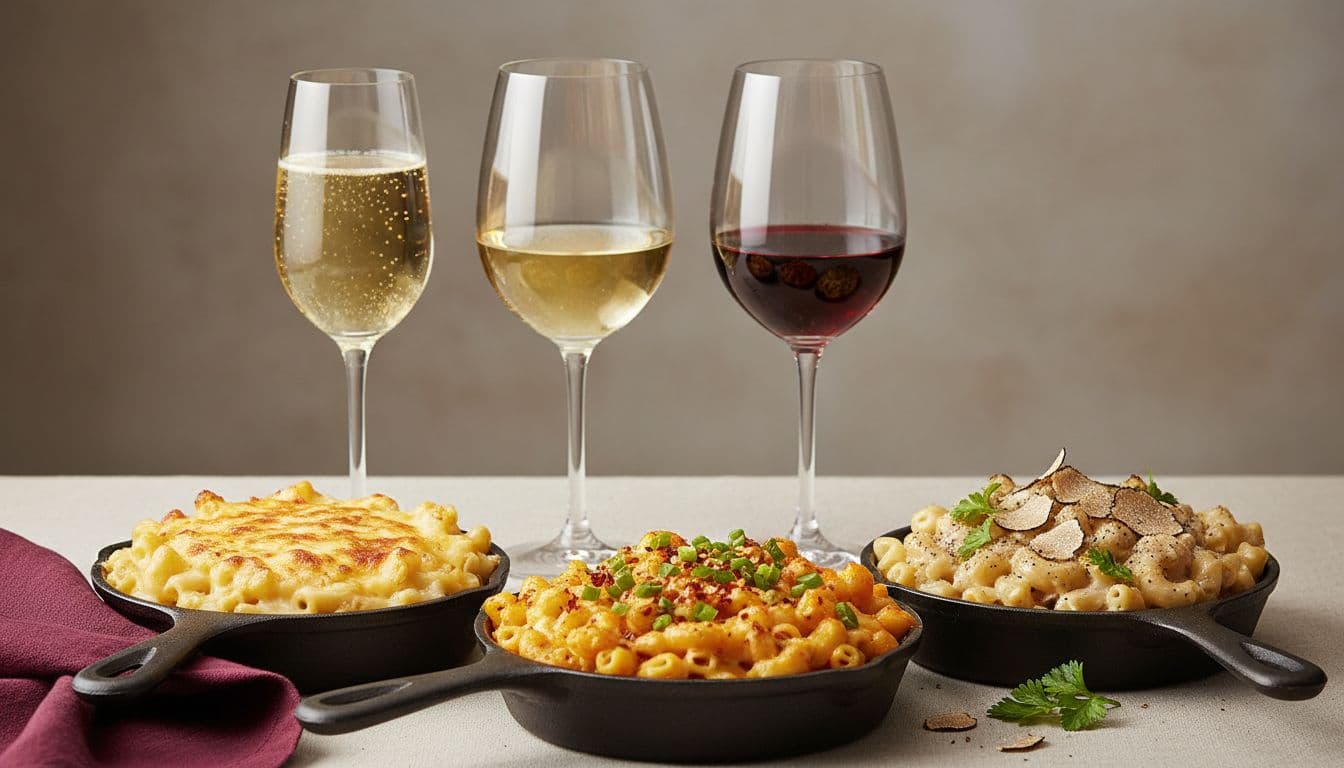 Photorealistic editorial food photography of three mac and cheese skillets (classic, spicy, and truffle) paired with sparkling, white, and red wines on a cozy table.