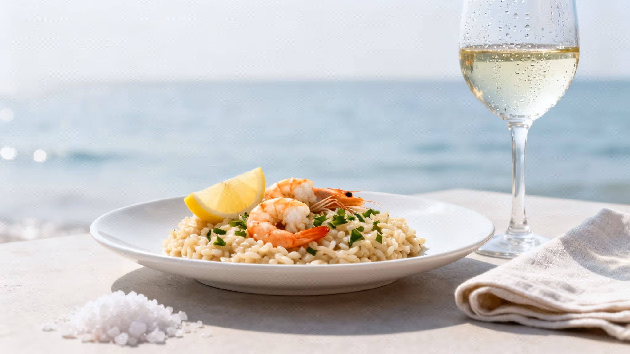 Delicious shrimp risotto with lemon and parsley, a glass of white wine by the sea.